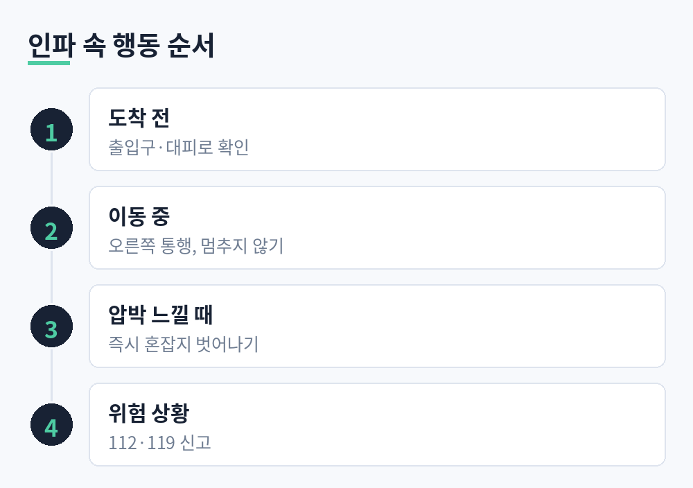 도착 전 출입구와 대피로 확인, 이동 중 오른쪽 통행과 멈추지 않기, 압박을 느끼면 즉시 혼잡지 벗어나기, 위험 상황은 112·119 신고