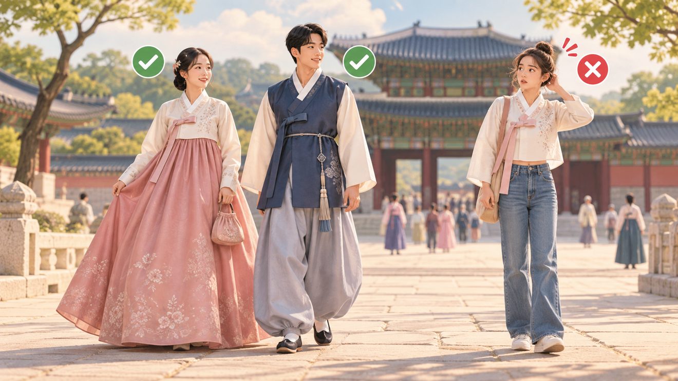 궁 무료관람이 인정되는 한복 차림과 인정되지 않는 차림을 비교한 개념 삽화