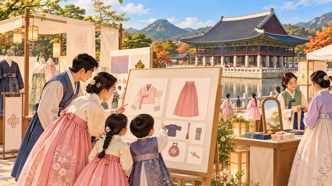 경복궁 경회루 인근 한복 전시와 체험 부스를 나타낸 개념 삽화