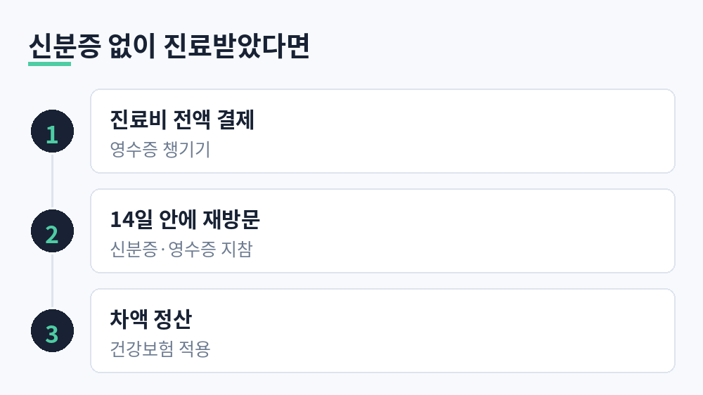 신분증 없이 진료받은 경우: 진료비 전액 결제, 14일 안에 신분증과 영수증 지참 재방문, 건강보험 적용분 정산