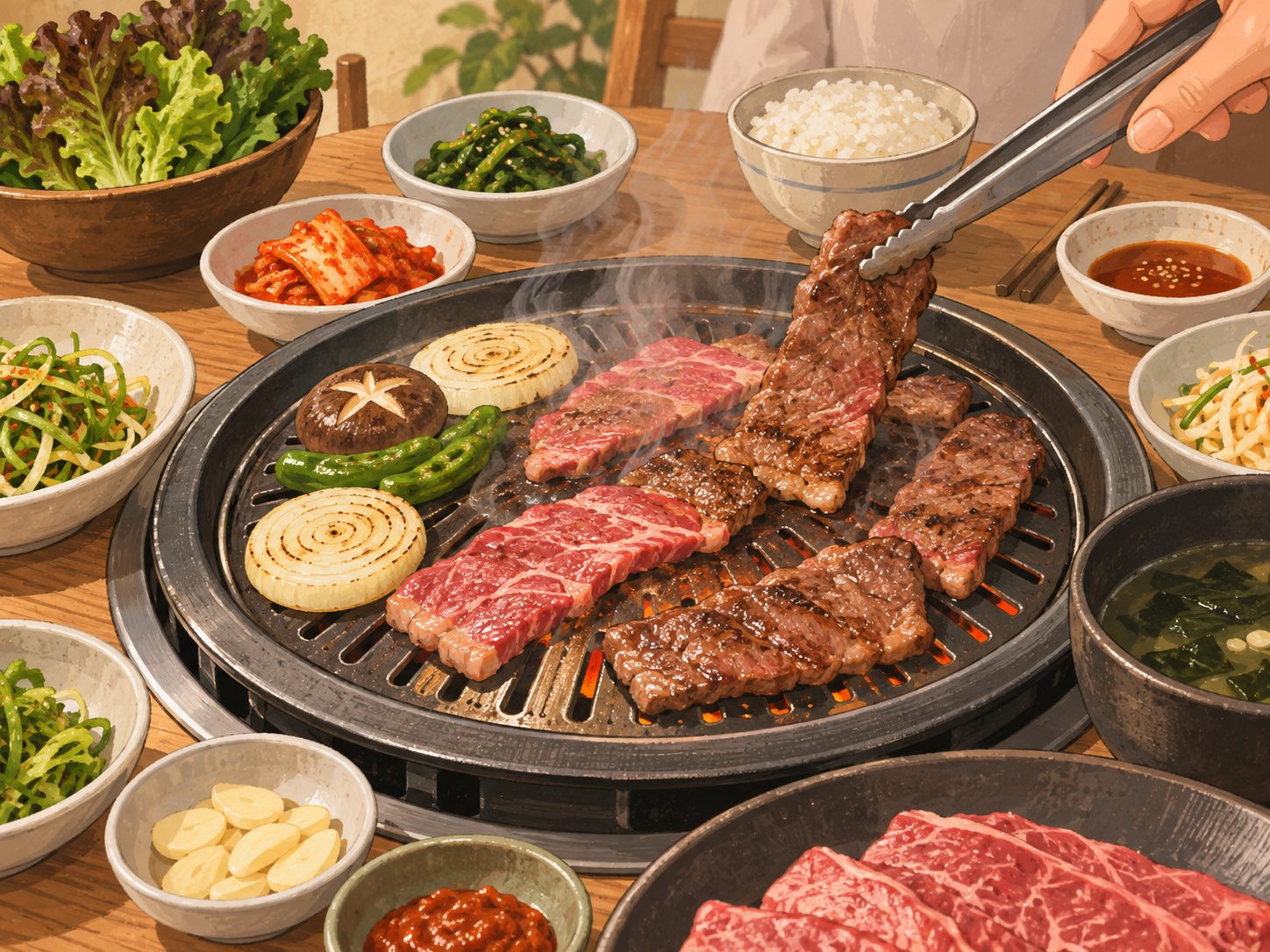 한우 등심과 반찬이 놓인 식탁의 개념 삽화