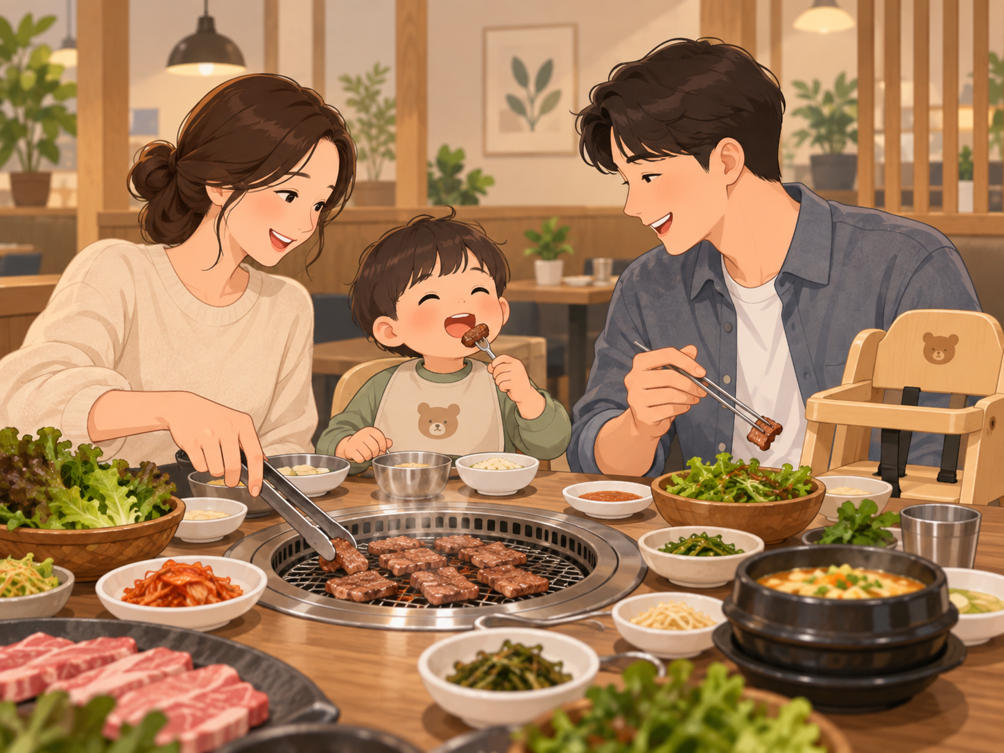 아이와 함께 한우 식당에서 식사하는 가족의 개념 삽화