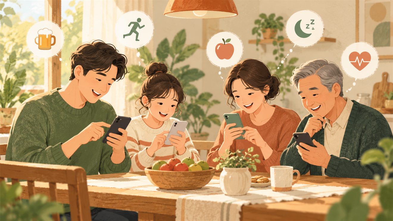가족이 함께 건강 설문에 답하는 개념 삽화