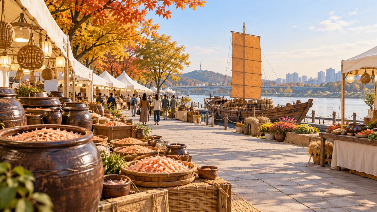 강변 광장의 새우젓 판매 천막과 돛단배 모형을 그린 개념 삽화