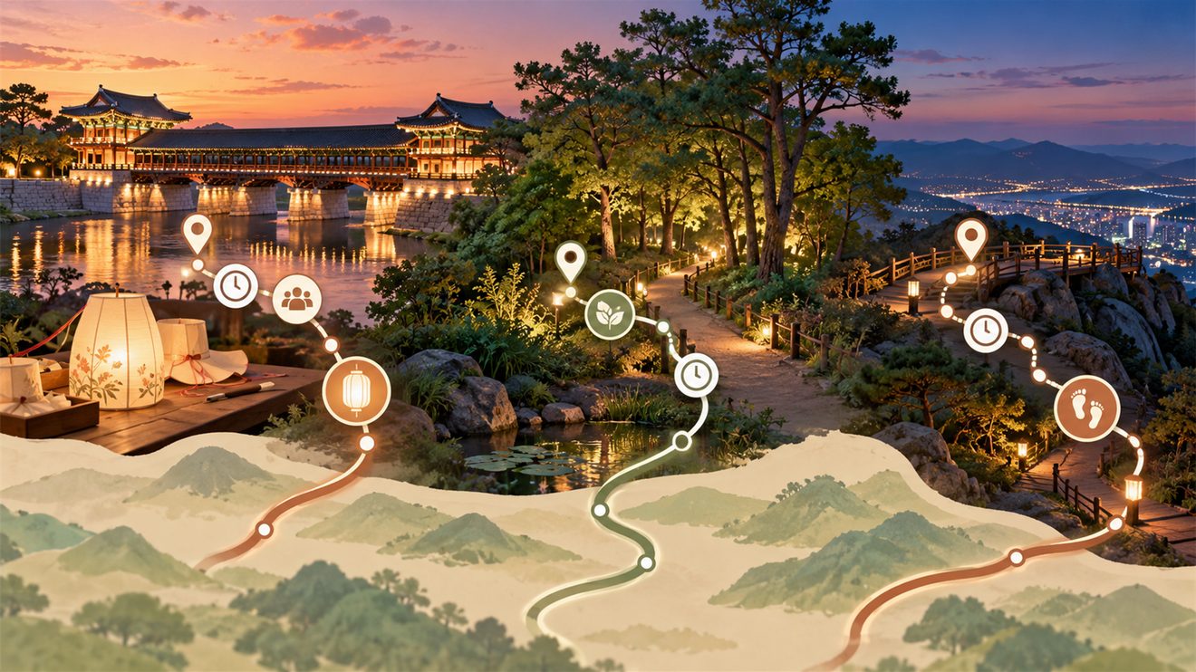 경주·북한산·팔공산 세 곳의 야경 탐방 코스를 나타낸 개념 삽화