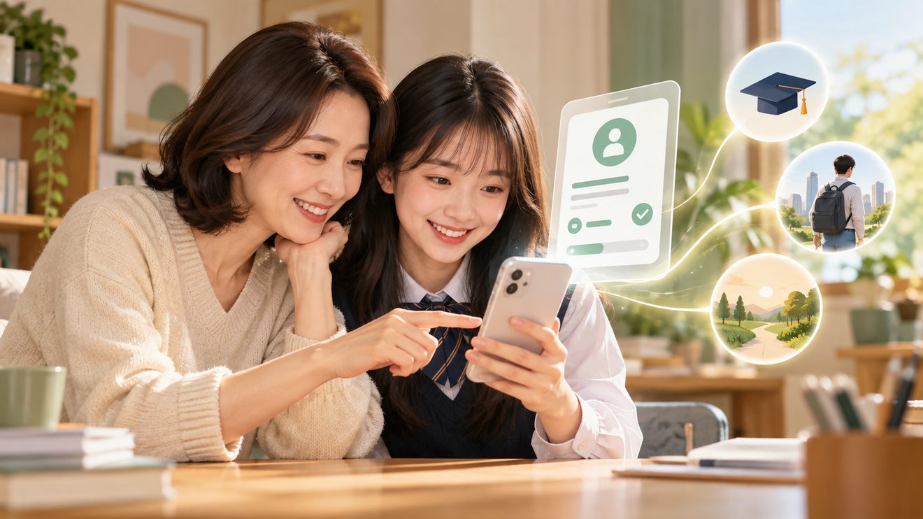 부모와 자녀가 국민연금 첫 보험료 지원을 신청하는 개념 삽화