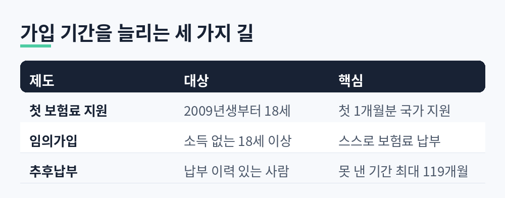 국민연금 가입 기간을 늘리는 방법 첫 보험료 지원, 임의가입, 추후납부 비교