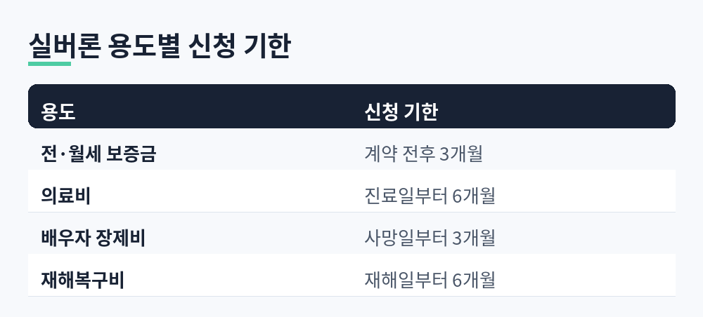 실버론 용도 네 가지와 용도별 신청 기한을 정리한 표