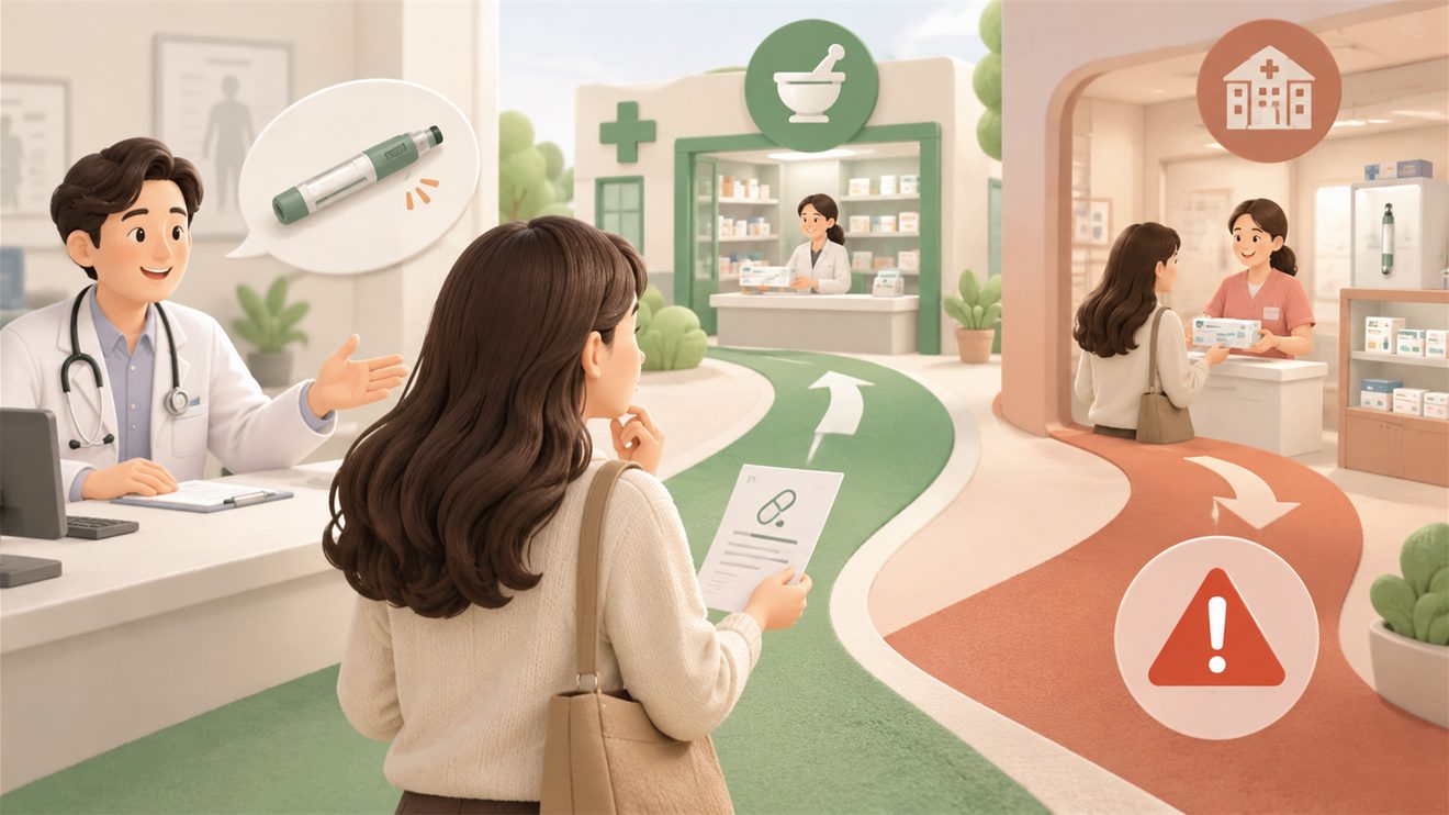 처방전을 받아 약국에서 조제받는 의약분업 원칙을 나타낸 개념 삽화