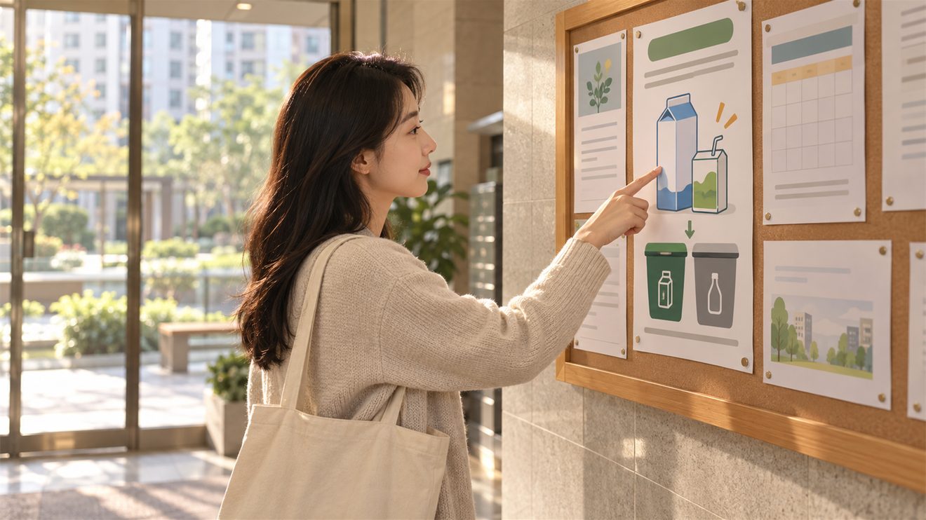 아파트 게시판에서 종이팩 분리배출 안내를 확인하는 주민 개념 삽화