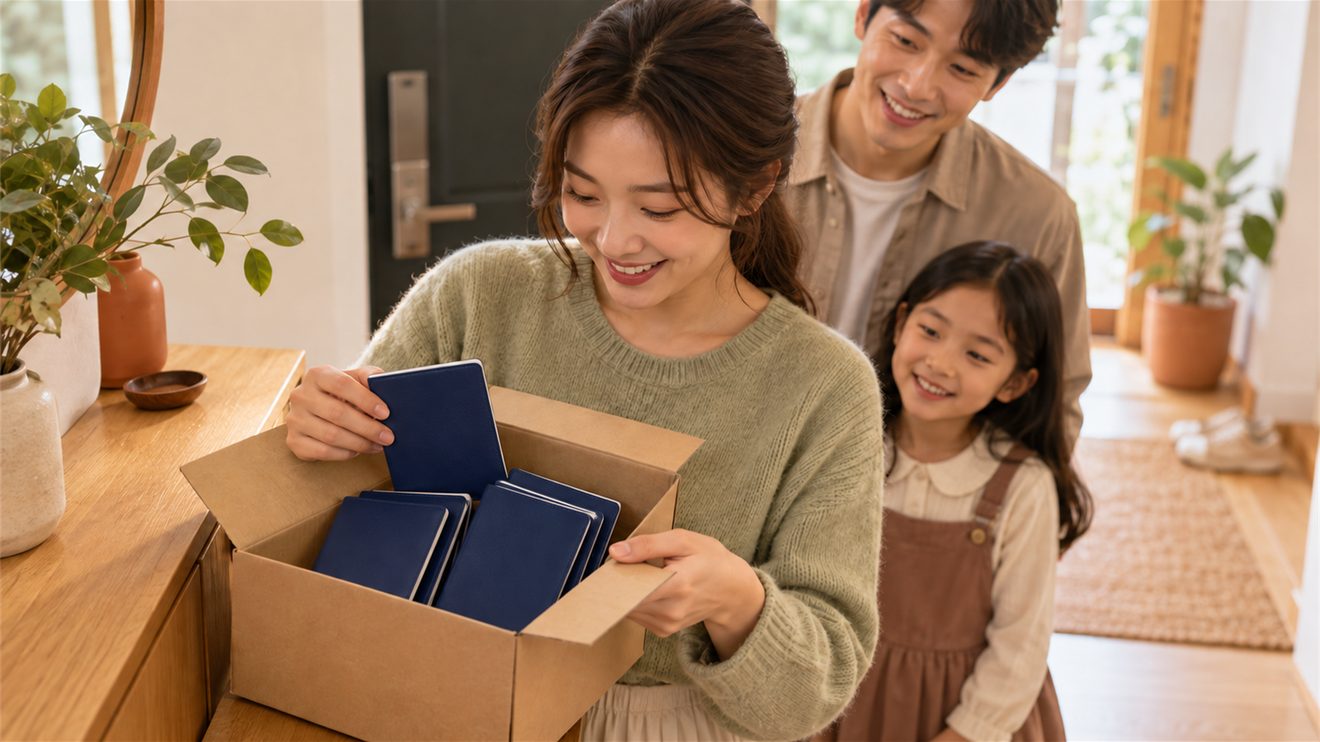 같은 주소의 가족 여권 여러 권을 한 번에 배송받는 개념 일러스트