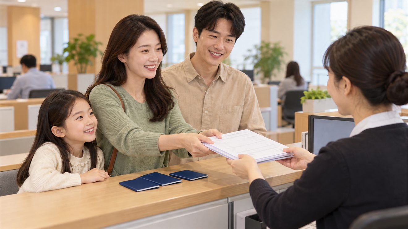 여권 발급 창구에서 가족이 함께 신청서를 제출하는 개념 일러스트
