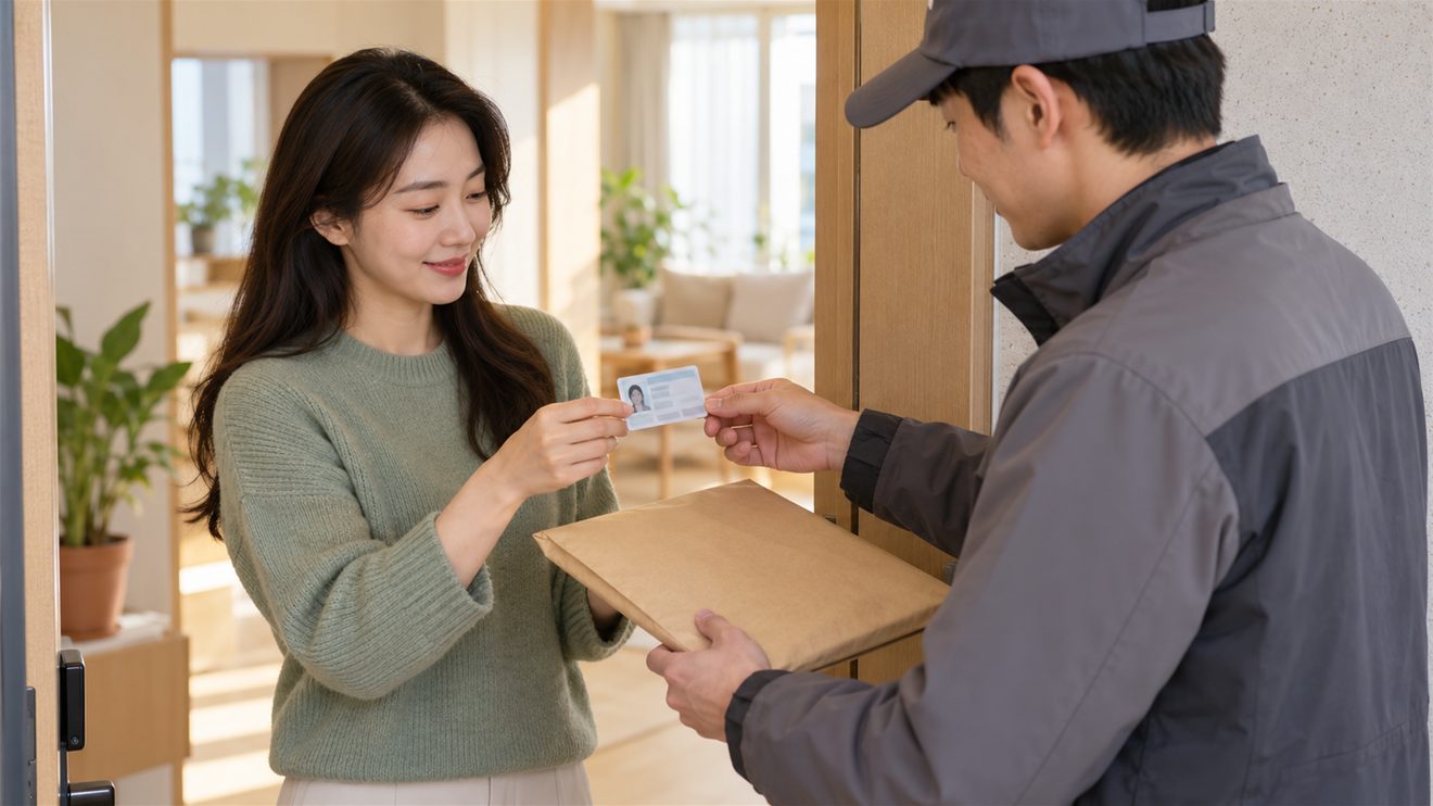 대표 수령인이 신분증을 보여 주고 여권 배송을 받는 개념 일러스트