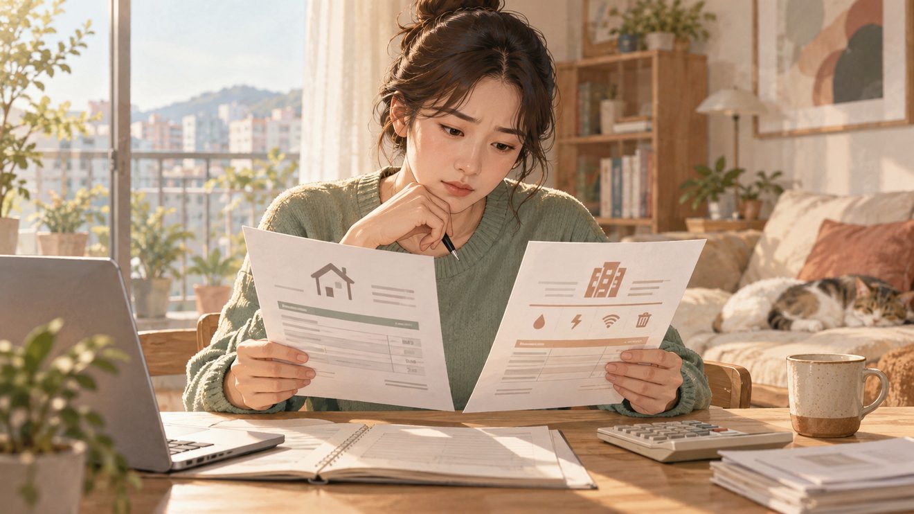 세입자가 임대료와 관리비 내역을 함께 확인하는 개념 삽화