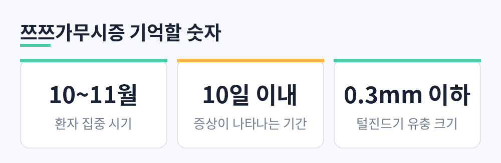쯔쯔가무시증 10~11월 환자 집중, 감염 후 10일 이내 증상, 털진드기 유충 0.3mm 이하