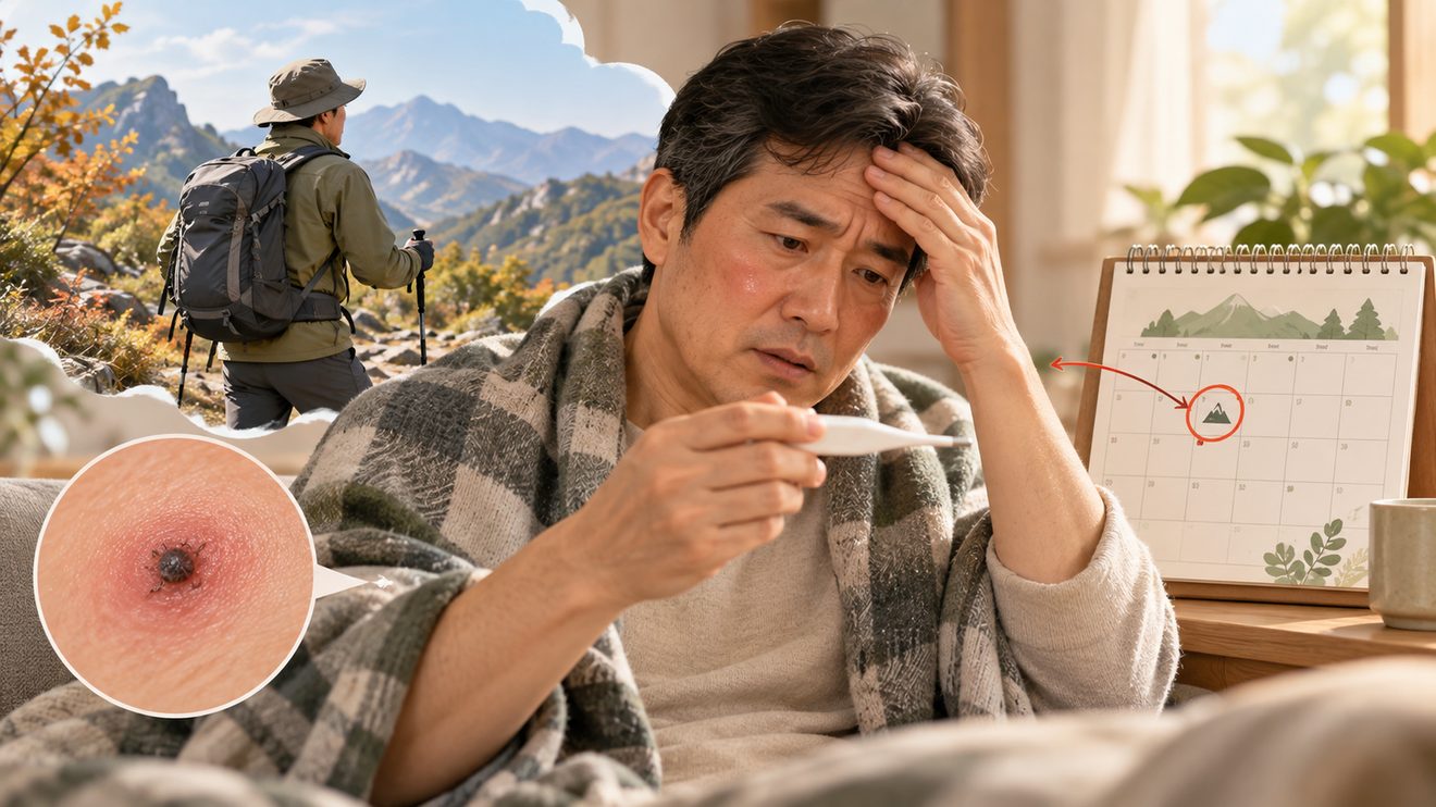 야외활동 뒤 발열을 확인하는 개념 삽화
