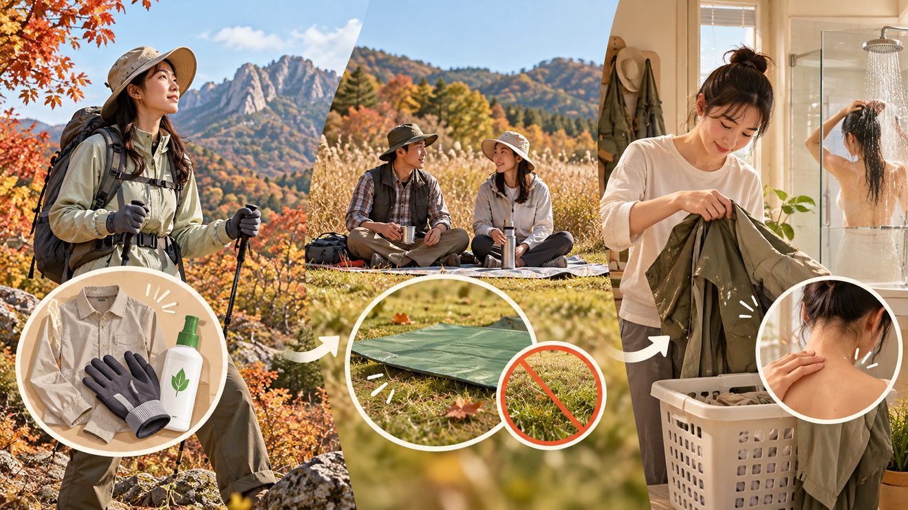 털진드기 물림을 줄이는 야외활동 수칙을 정리한 카드