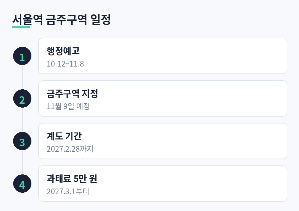 서울역 금주구역 일정: 행정예고 10월 12일~11월 8일, 지정 11월 9일 예정, 계도 2027년 2월 28일까지, 과태료 2027년 3월 1일부터