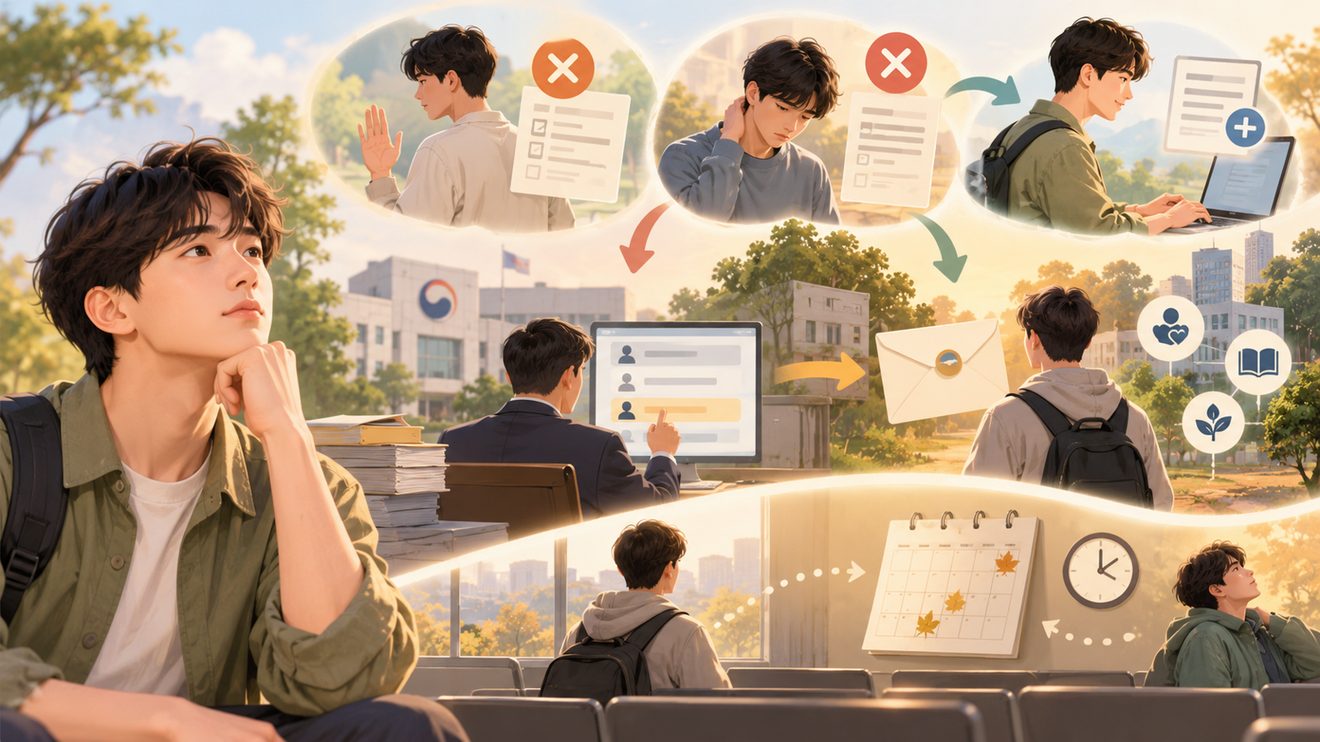 사회복무요원 미신청·미선발 시 소집 흐름을 정리한 카드
