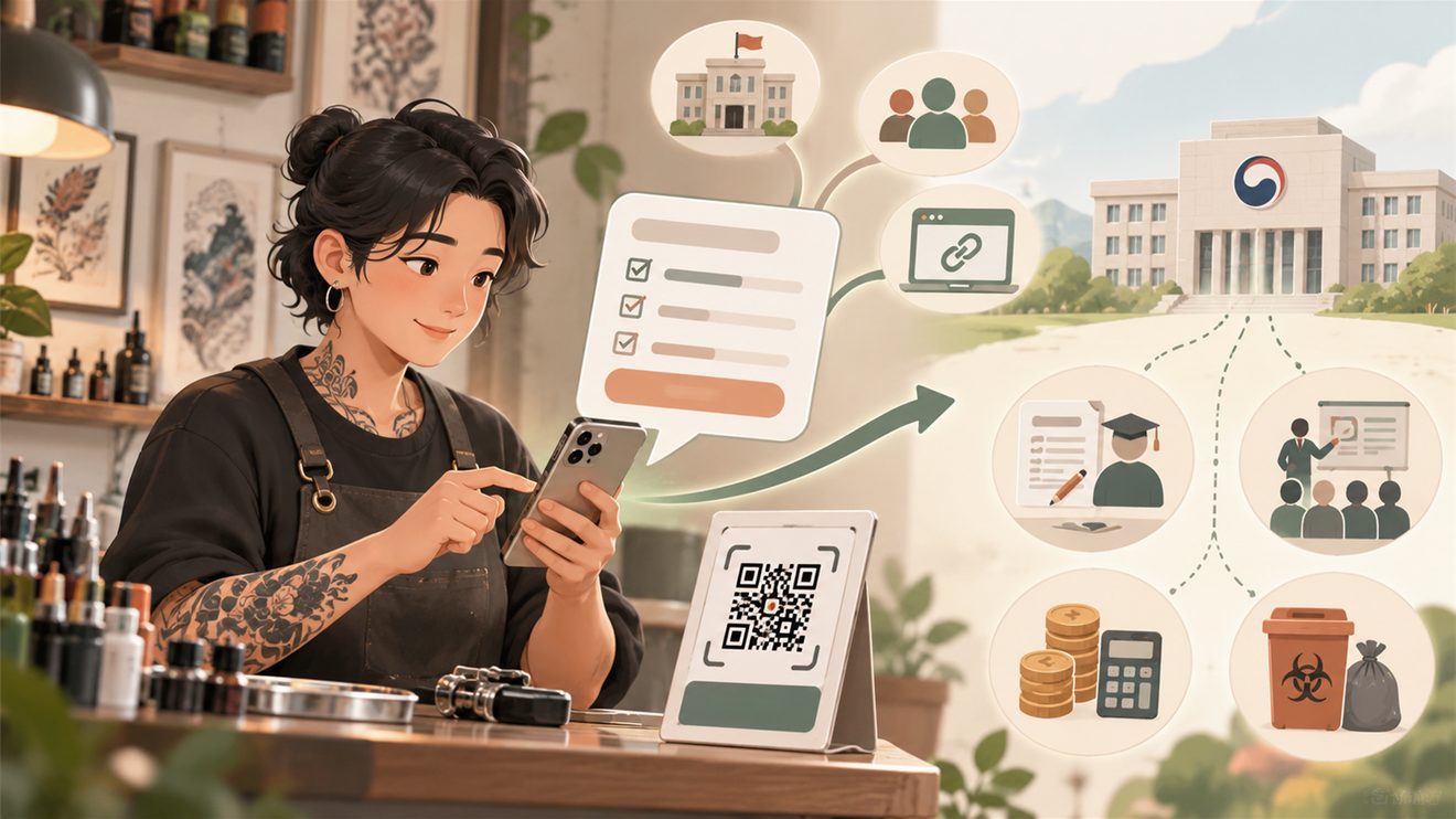 문신업소 대표가 휴대폰으로 온라인 설문에 참여하는 개념 삽화