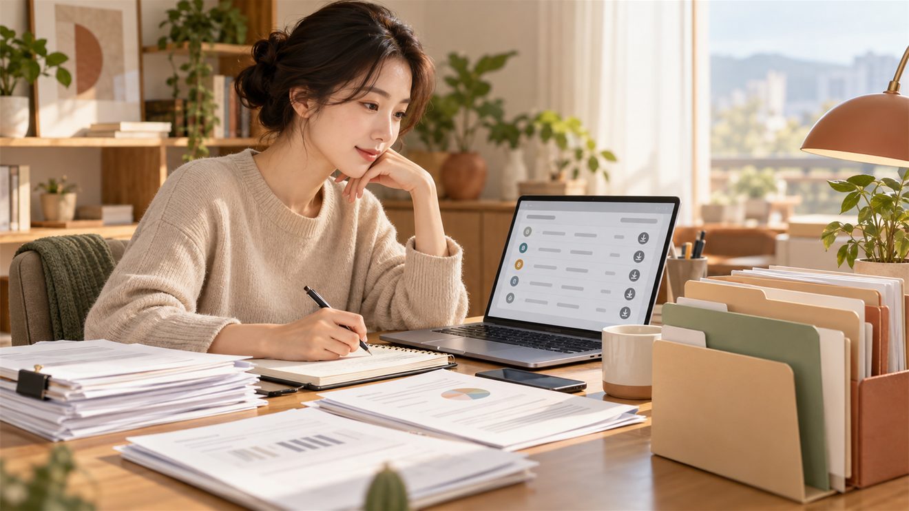 가상자산 거래 내역과 이용 거래소를 정리하는 모습의 개념 삽화