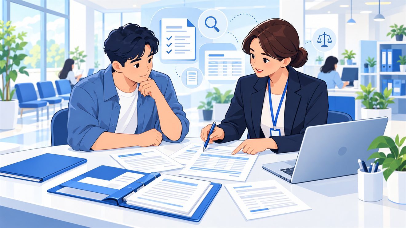 고용노동부 상담 창구에서 체불 서류를 확인하는 개념 삽화
