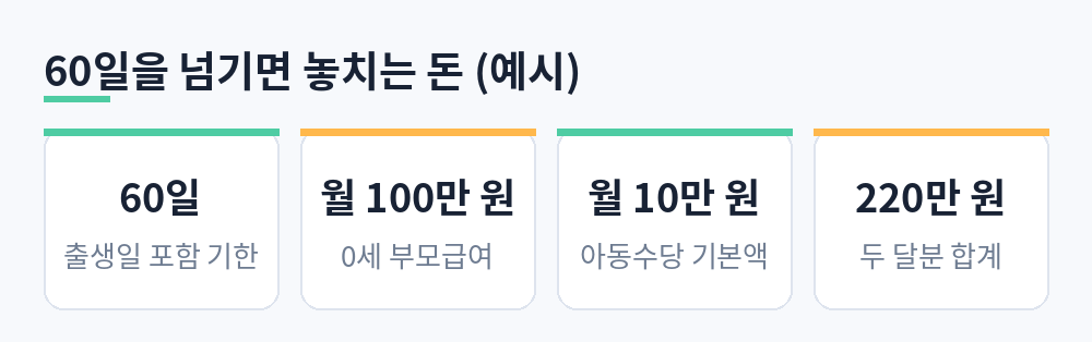 출생일 포함 60일 기한을 넘겨 두 달분 부모급여와 아동수당을 놓치는 계산 예시 카드