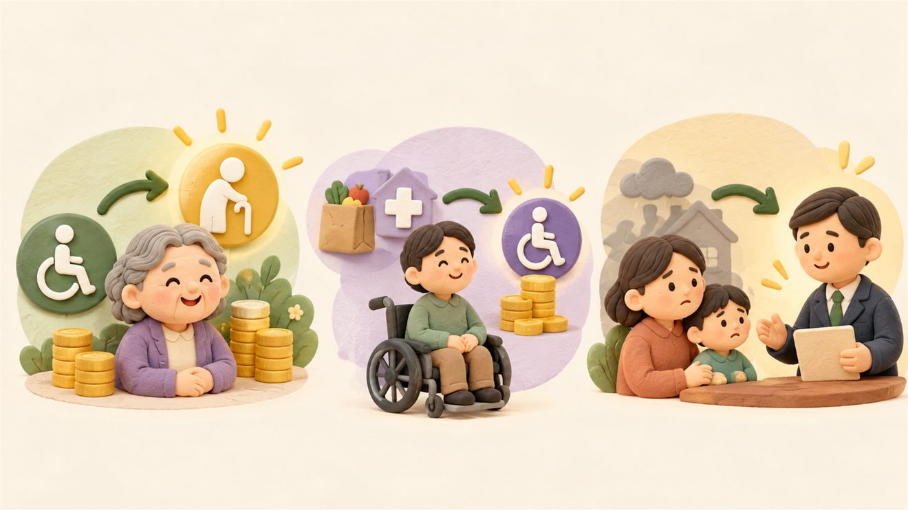 신청주의 개선으로 기초연금·장애인연금·위기가구 지원이 달라지는 점을 정리한 카드