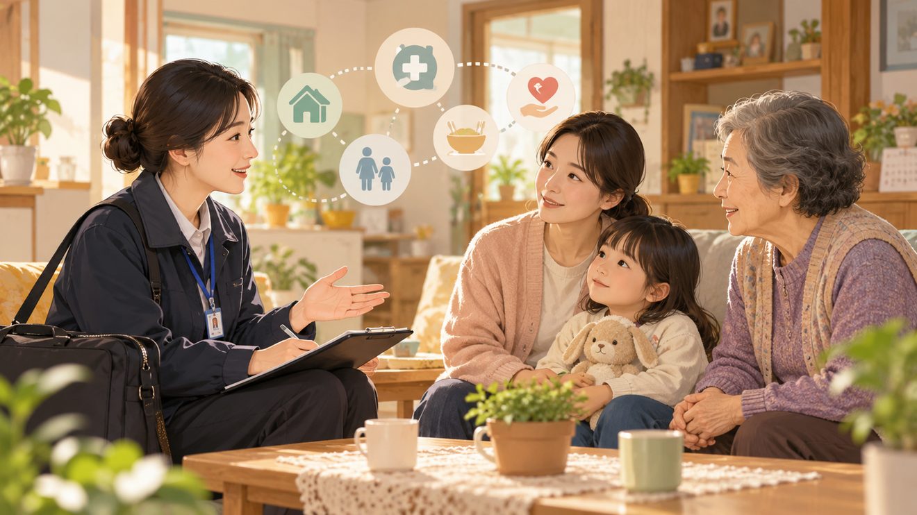 찾아가는 보건복지서비스팀의 가정 방문 상담을 나타낸 개념 삽화