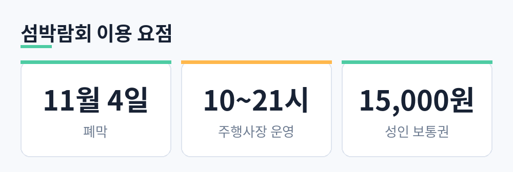 섬박람회 11월 4일 폐막, 주행사장 10시부터 21시, 성인 보통권 15,000원